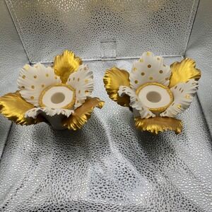 Pair Flower Candle Holders White Gold‎ Polka Dot Decorative Home Decor